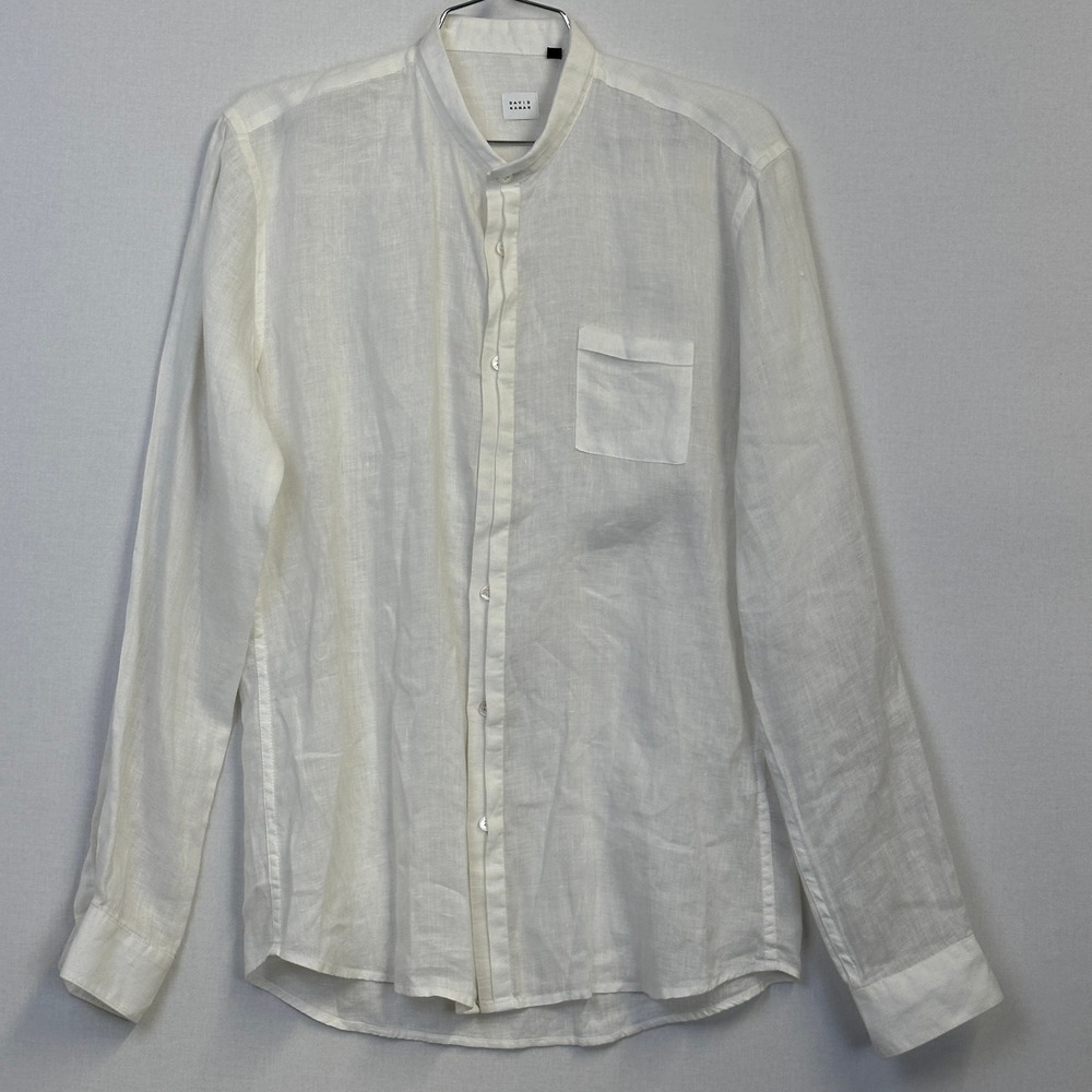 David Naman Mandarin Collar Linen Button Up Shirt White Men's M